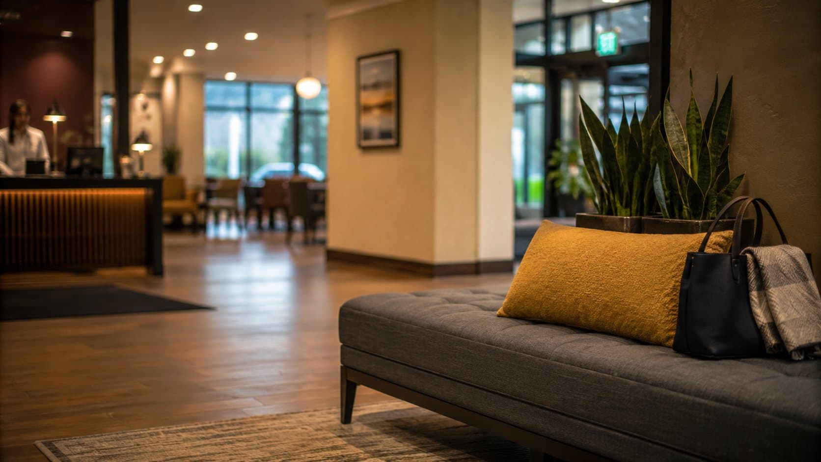 A hotel lobby in the early evening, looking past a bench towards a staffed reception desk