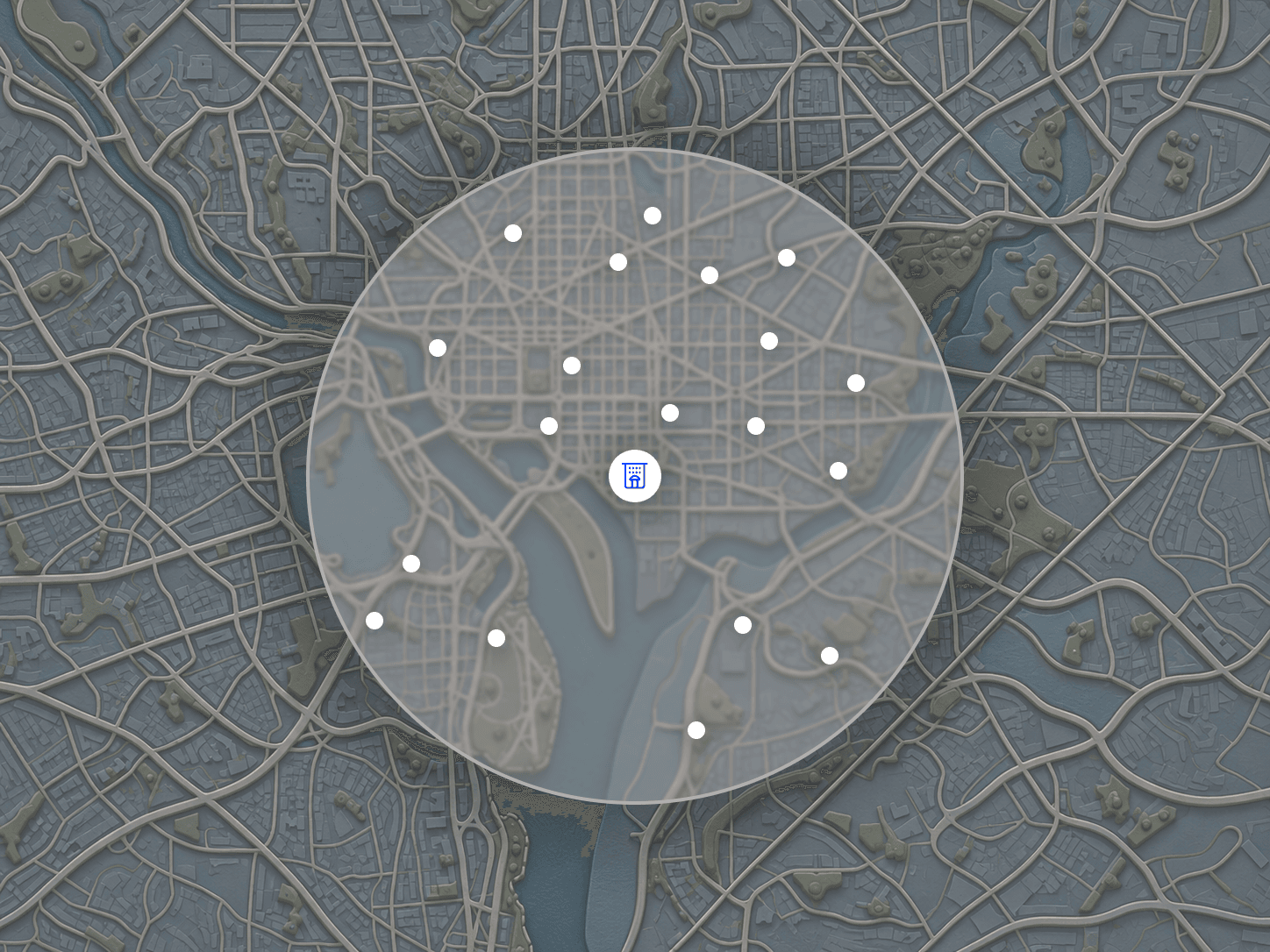A city map with a hotel marked at the centre of a circular search radius, and the businesses found inside it picked out as white dots