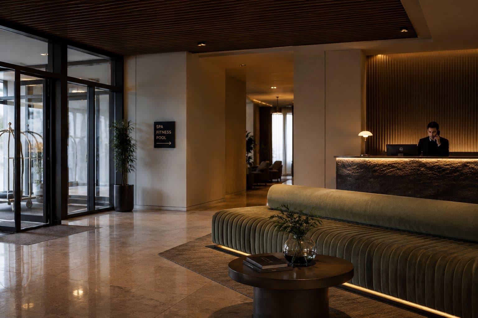 A hotel receptionist taking a call at the front desk in the evening